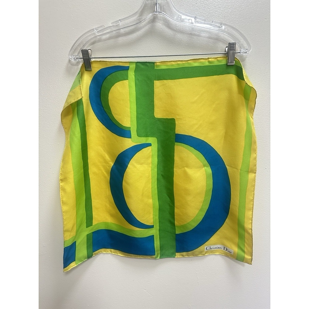 Vintage Christian Dior 70s Silk OP Art Scarf 100% Silky Yellow, Blue, Green